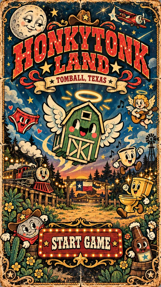 Vintage HonkyTonk Land poster with winged green barn, a happy moon, stars, and a glowing PLAY marquee